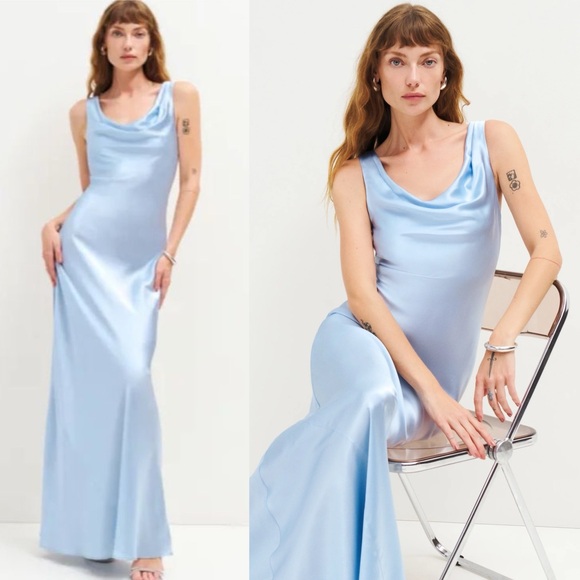 NWT Reformation Annabelle Silk Maxi Dress Gown Horizon Blue